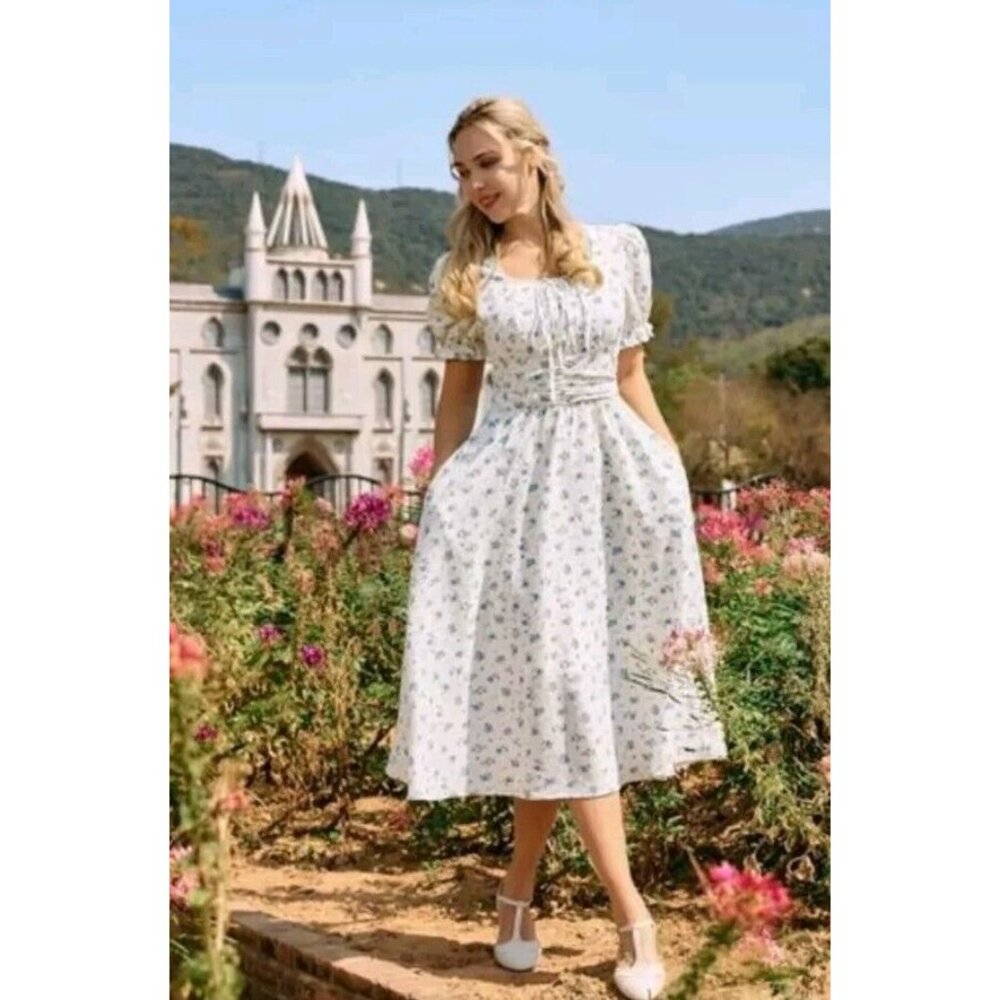 Women Summer Victorian Square Neck Floral Dress Cottagecore Dress W/ Pockets XL
